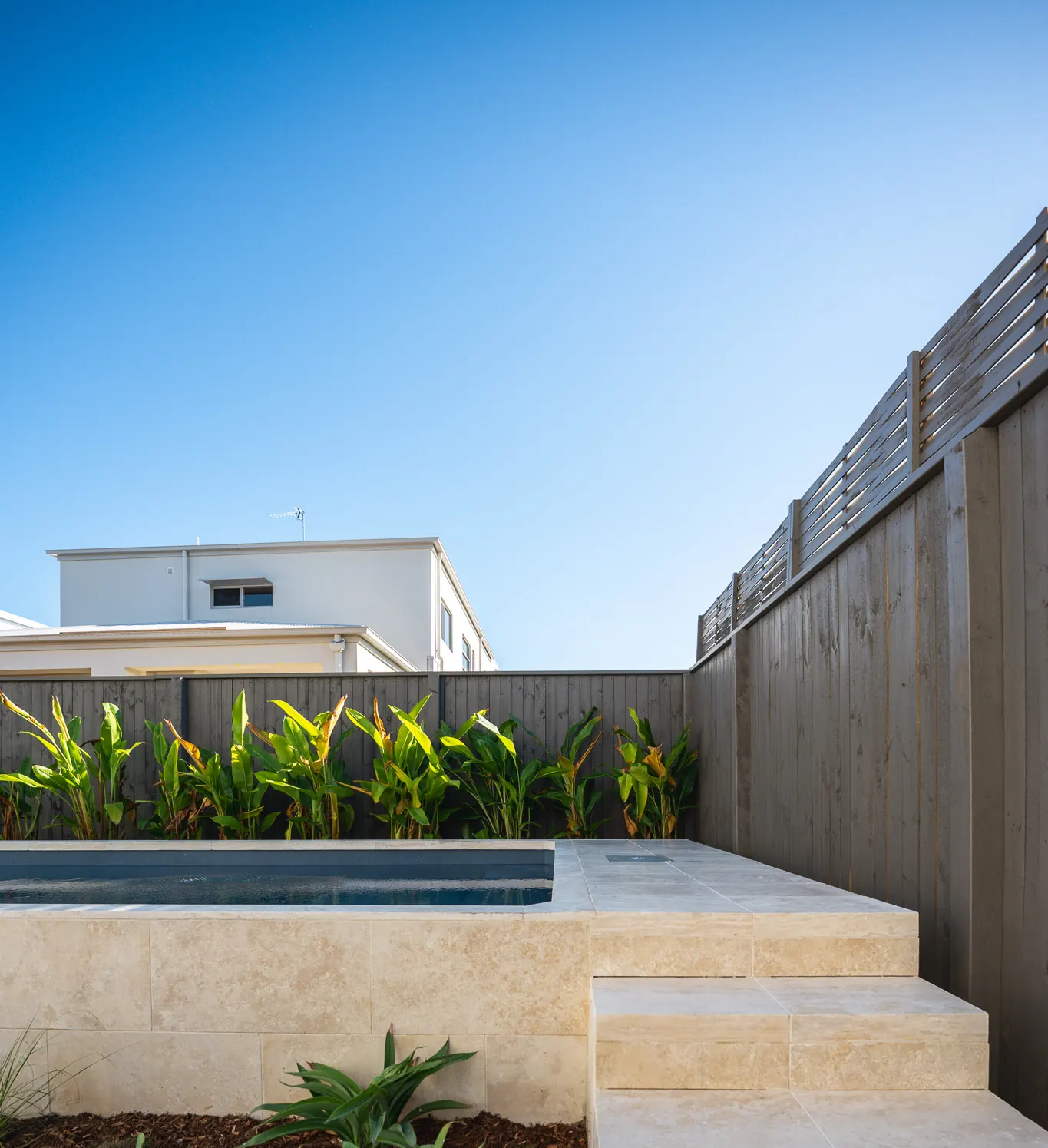 A limestone pool terrace and steps under a batten fence, heliconia along the wall